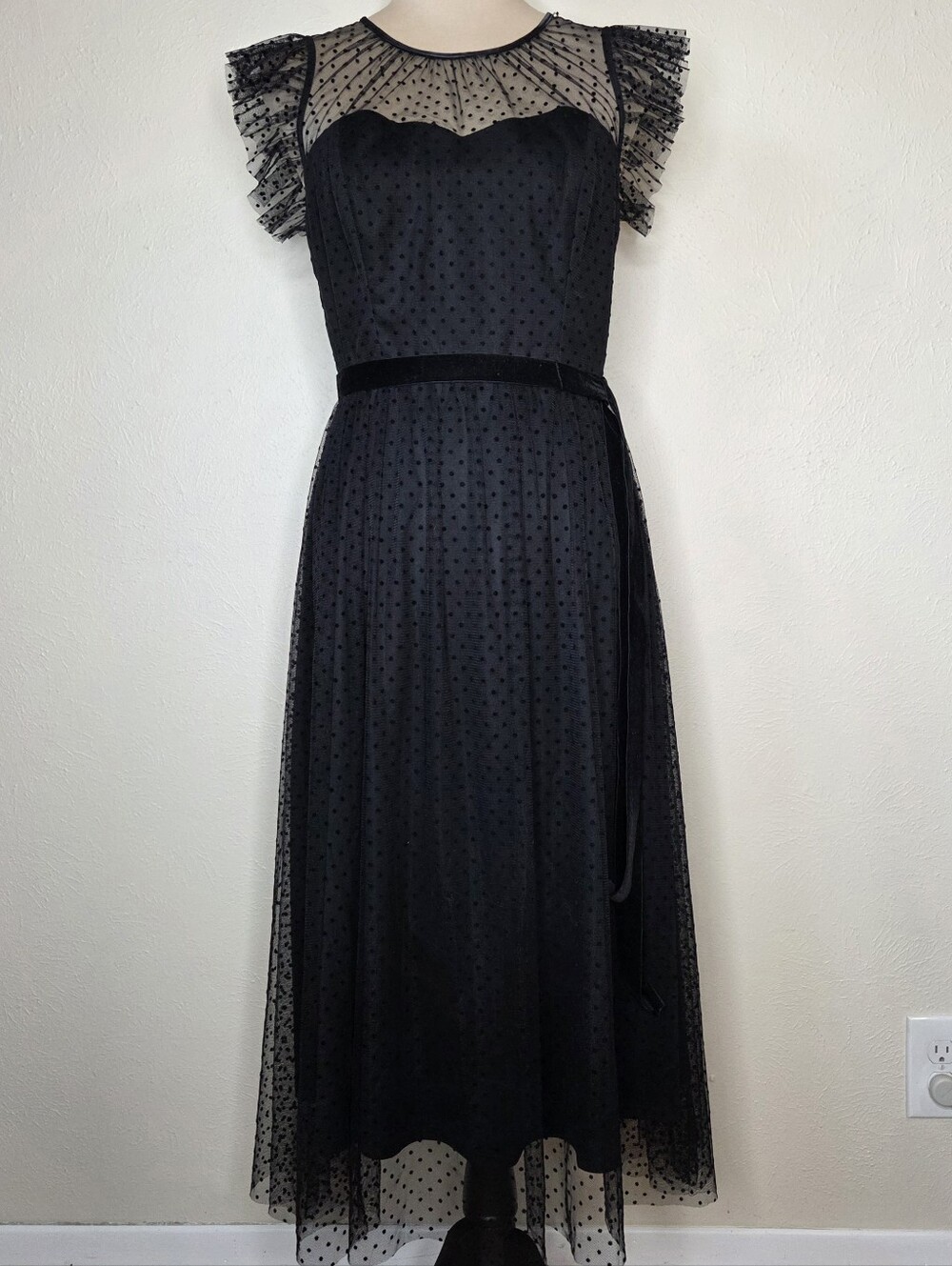 JW Jason Wu Black Swiss Dot Mesh Midi Dress Velvet Tie Belt Size 8 Goth